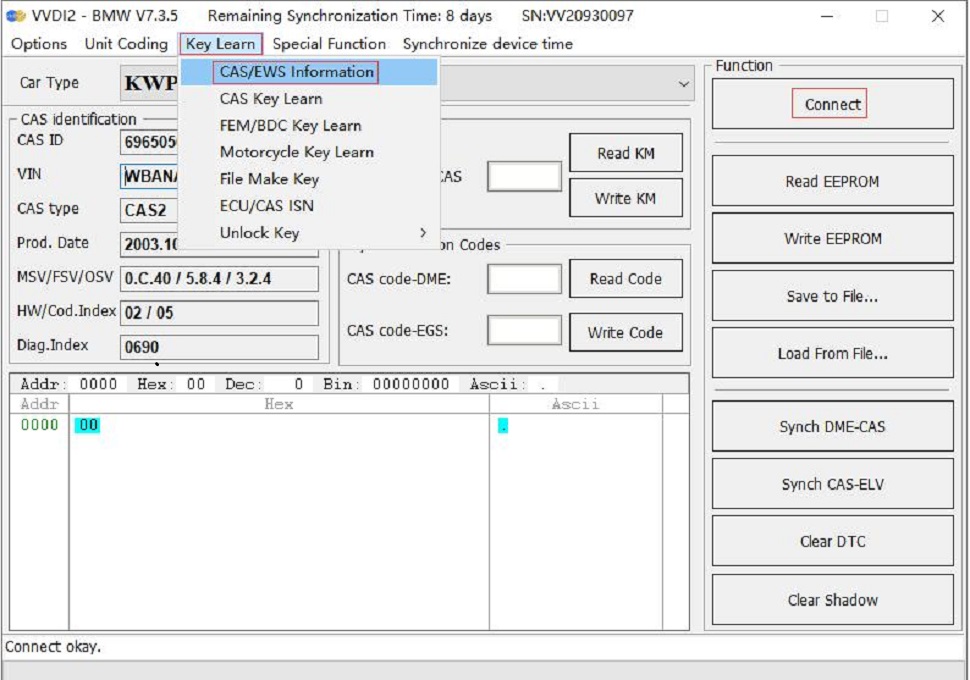 2. Select key learn CAS/EWS Information---Connect-- Read EEPROM.