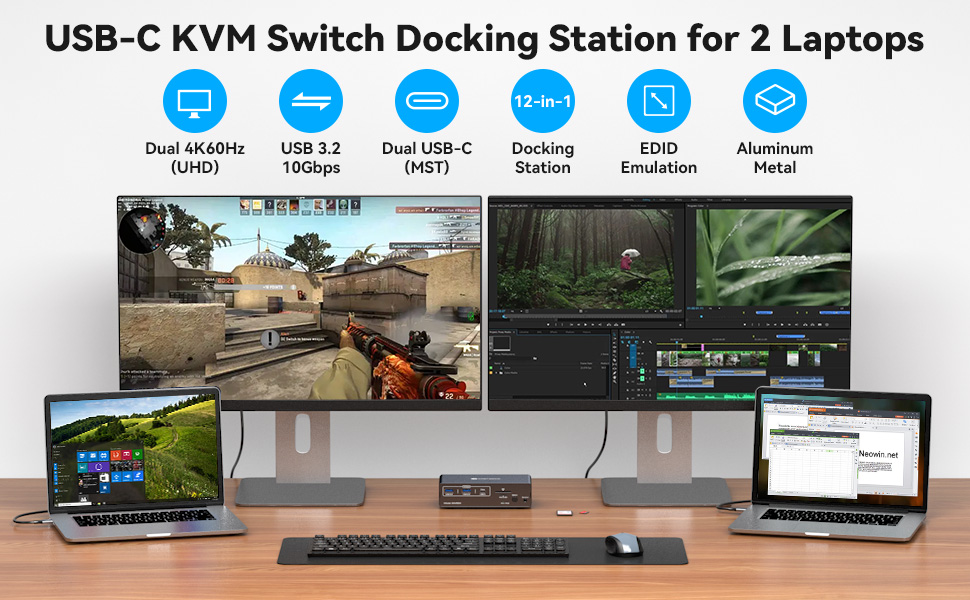 USB C Thunderbolt 3 KVM Switch for Laptop with Dual HDMI Monitor 4K@60Hz, 12 in 1 USB C HUB KVM Dock