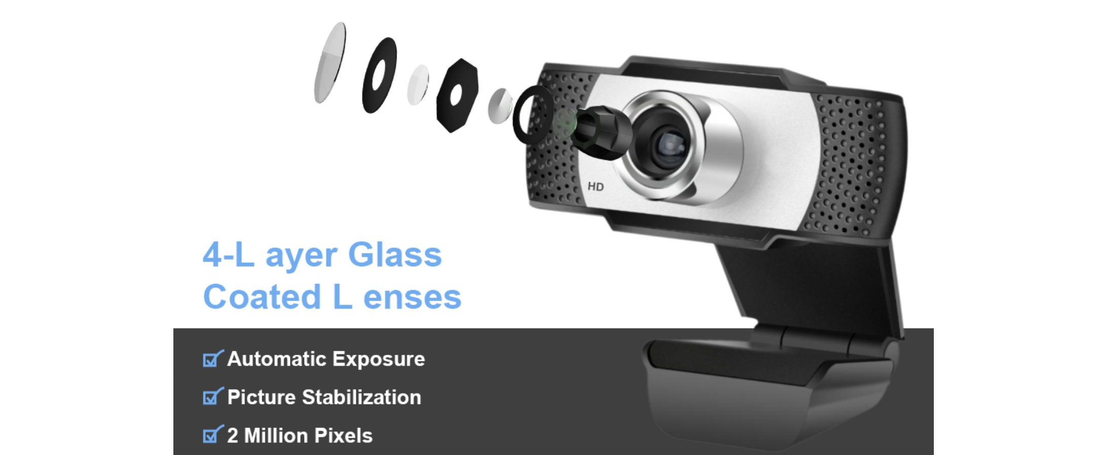 4-layer glass coated lens, 2MP, picture stabilization, manual focus webcam