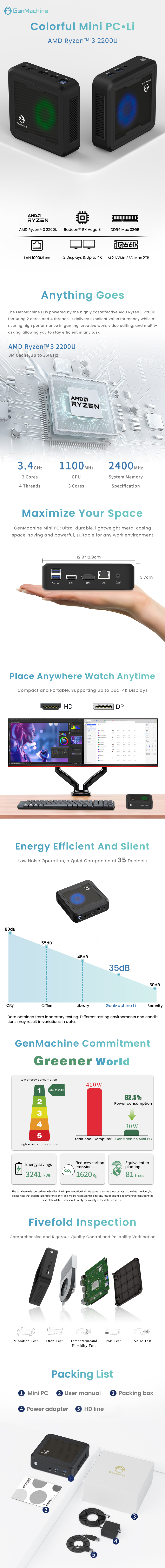 GenMachine Mini PC AMD Ryzen 3 2200U,8GB RAM 256GB M.2 NVMe SSD, AMD Radeon Vega 8 Graphics,2 x 4K