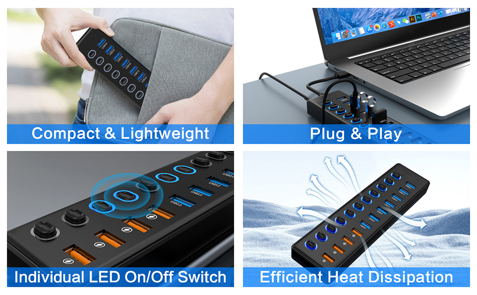 11 Port USB Hub 3.0, Powered USB Splitter Includes 7-Port USB-A Data Transfer with 5Gbps