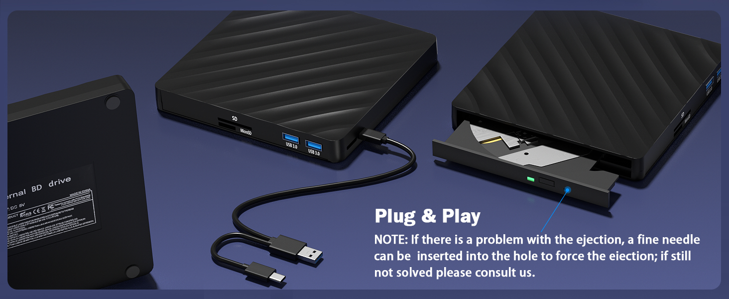 5 in 1 External Blu-Ray Drive, External Blu Ray CD DVD Drive with USB 3.0 Type-C, Bluray Read/Writer