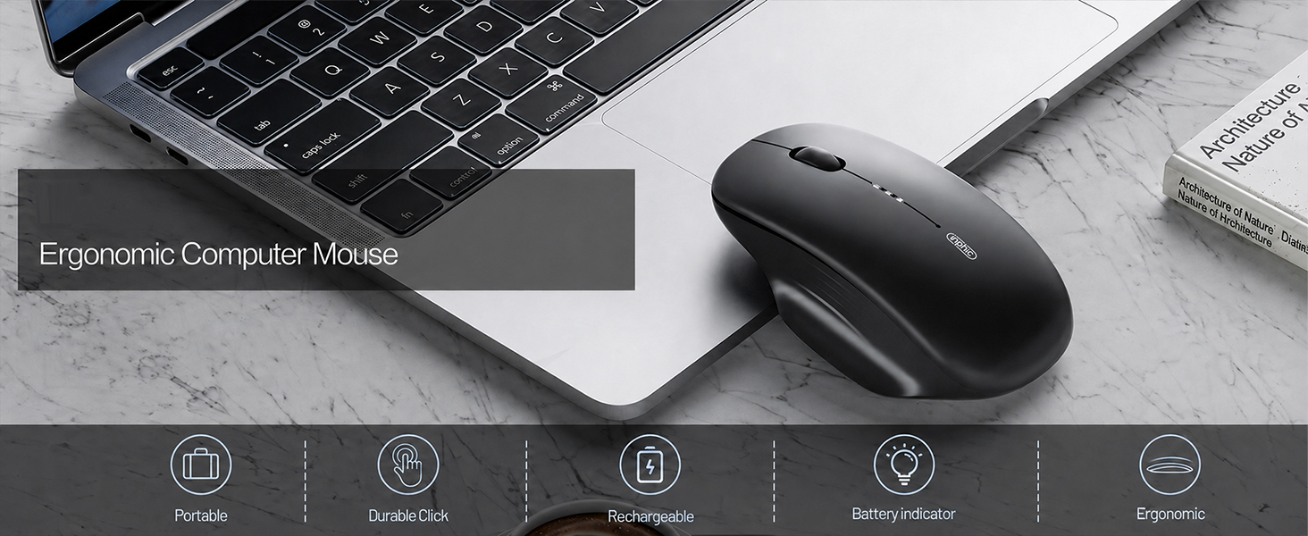 Wireless Mouse for Laptop, 2.4G Rechargeable Computer Mouse 2400DPI | Quiet Office Cordless USB Mice
