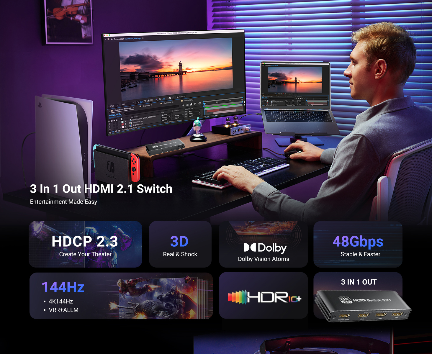 HDMI 2.1 Switch Ultra HD 8K@60Hz 3 in 1 Out