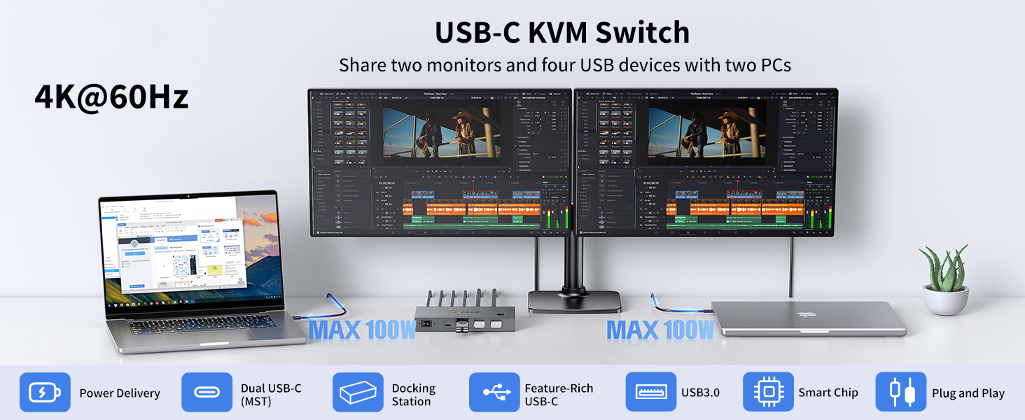 4K@60Hz USB C KVM Switch for 2 Monitors 2 Laptops, Dual Monitor KVM | Metal, for 2 Laptops Sharing 2