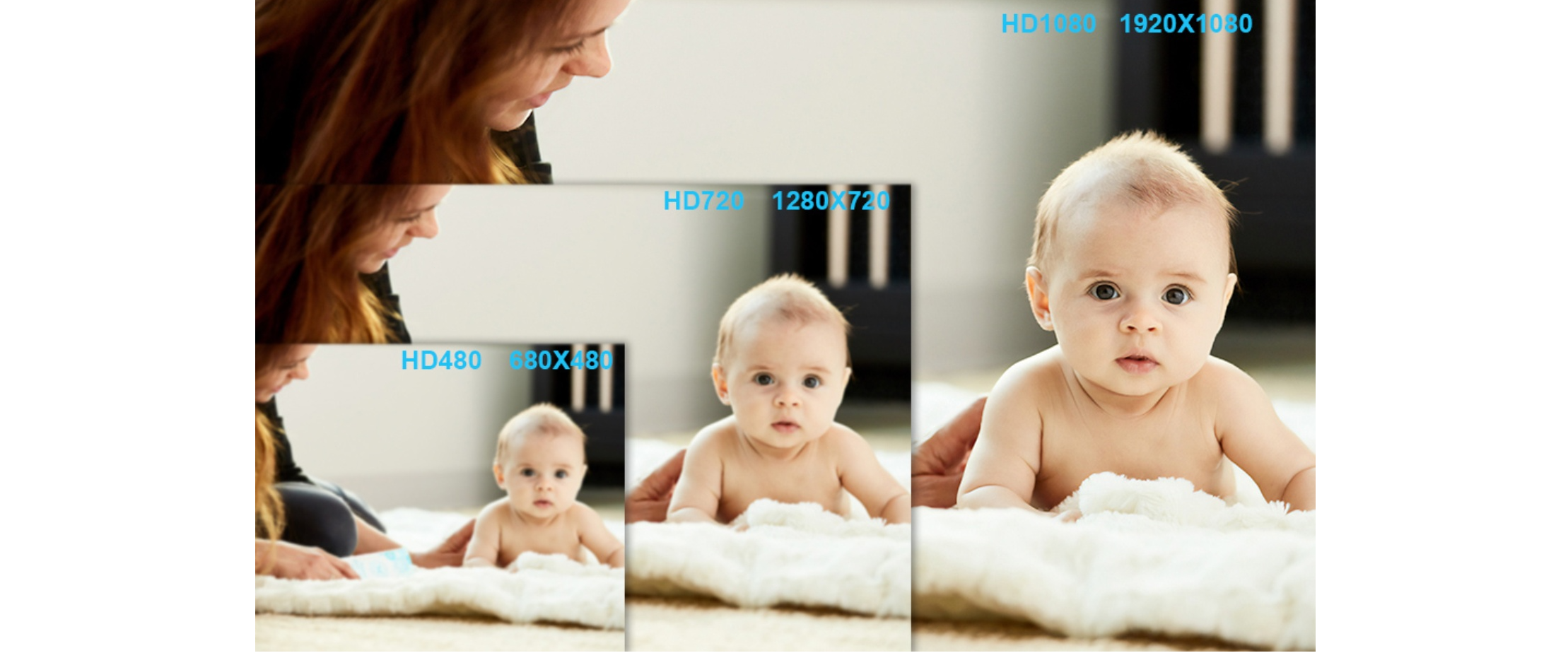 INMISS webcam, 1080P 720P 480P resolution comparison, image clarity demo, baby sample