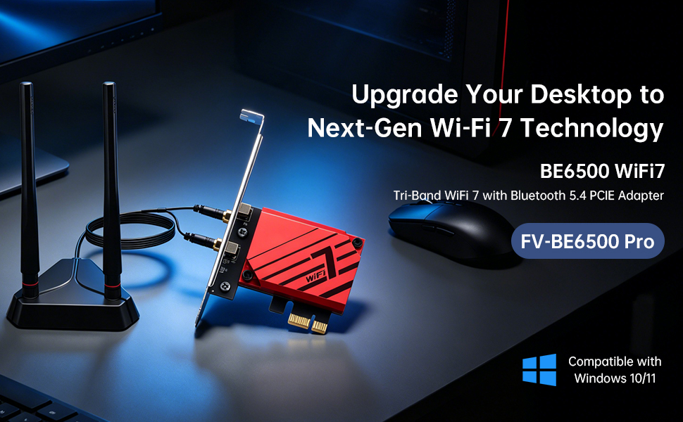 BE6500 WiFi 7 PCIe Network Card for Desktop PC,Tri-Band 2.4G/5G/6GHz Wireless Adapter with Bluetooth