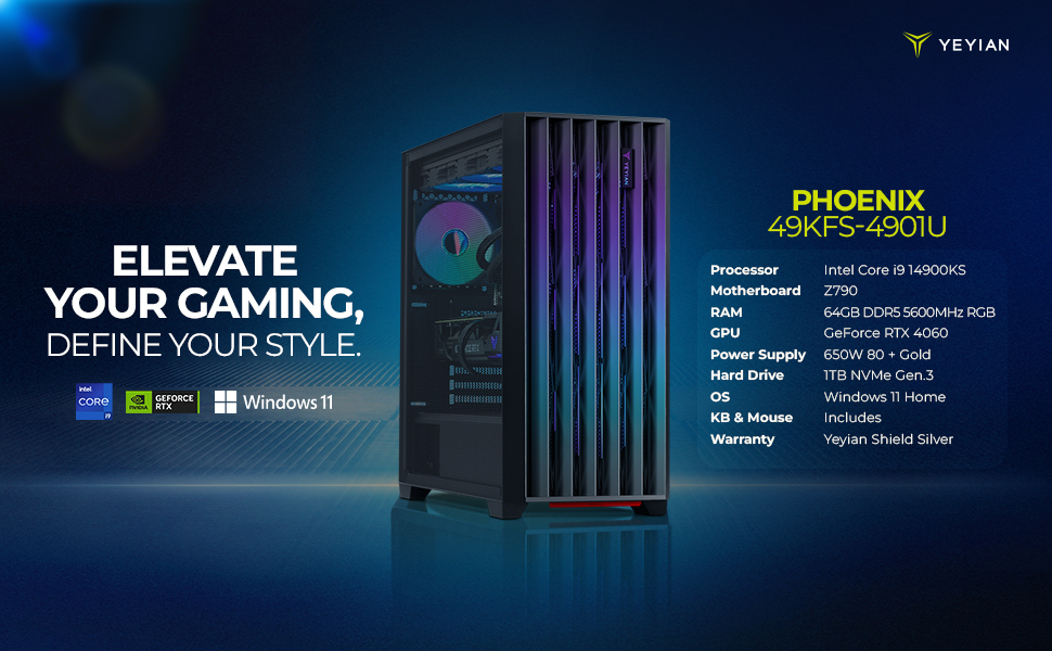 YEYIAN Gaming PC PHOENIX GLASS Intel Core i9 14900KS NVIDIA Geforce RTX  4090- AI Accelerated DDR5 64GB 6000MHz RGB 2TB SSD 360mm AIO Liquid 1000W  PSU 