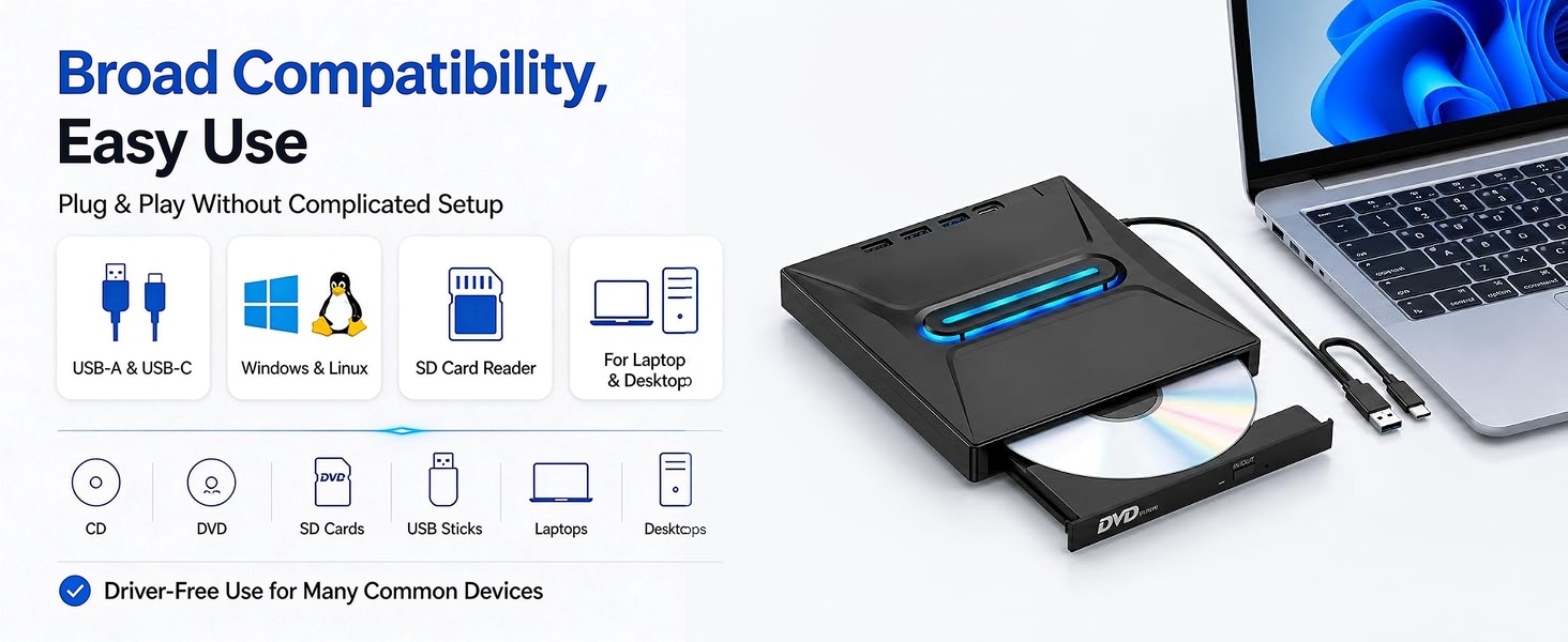 USB 3.0 Type C External CD/DVD Drive with Light Function, Portable Type-C DVD+/-RW Optical Disk Driv