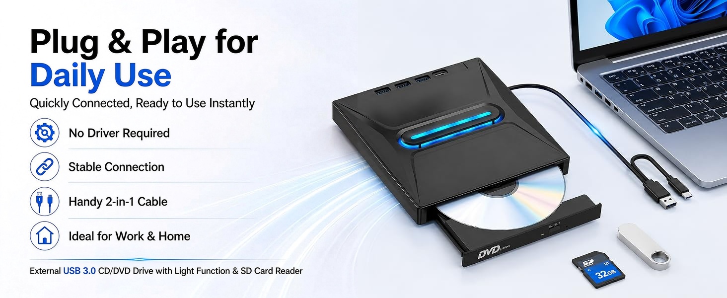 USB 3.0 Type C External CD/DVD Drive with Light Function, Portable Type-C DVD+/-RW Optical Disk Driv