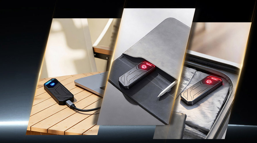 Three lifestyle shots of the KingSpec SSD on a desk, leather mat, and inside a travel bag