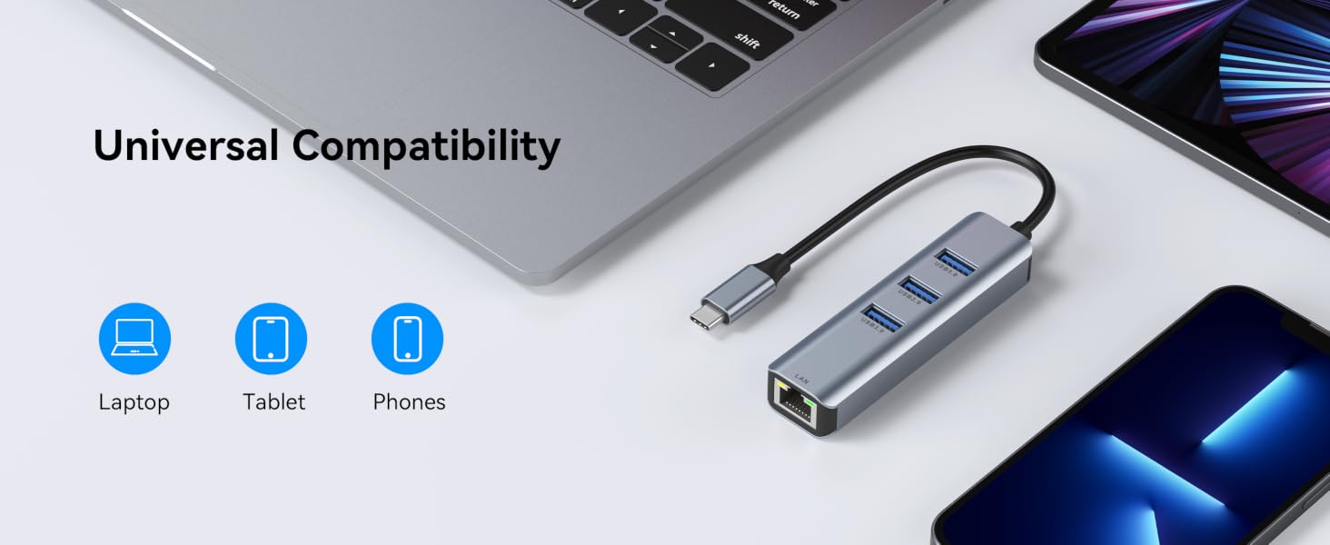 4-in-1 USB C to Gigabit Ethernet Adapter with 3 x USB 3.0 Ports | Plug-and-play RJ45 network USB C H
