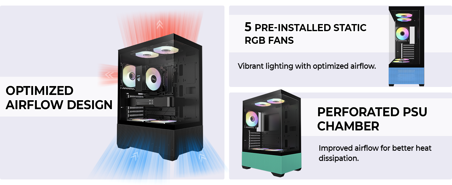 5 Pre-Installed RGB Fans Enhanced airflow and efficient cooling for your system.
