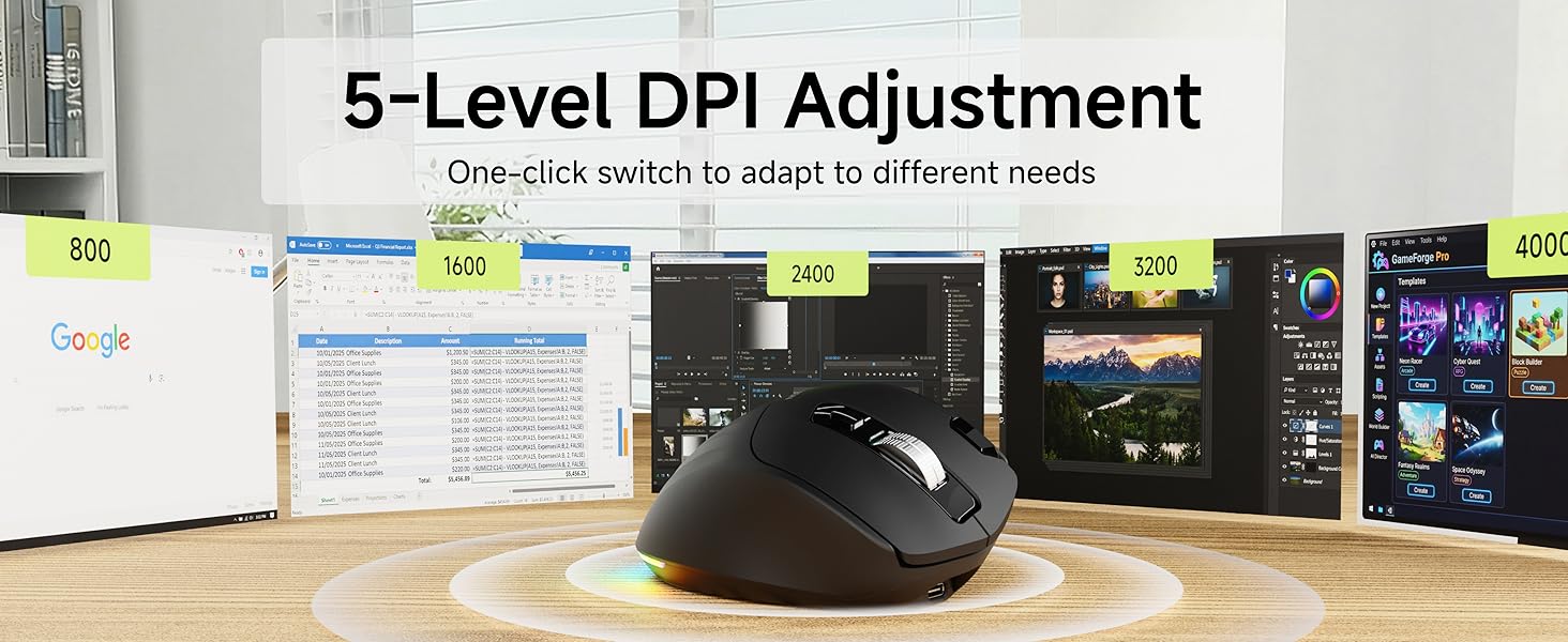 Ergonomic Mouse, Wireless Computer Mouse (BT&2.4G) for Work/Office, 5 Adjustable 4000 DPI
