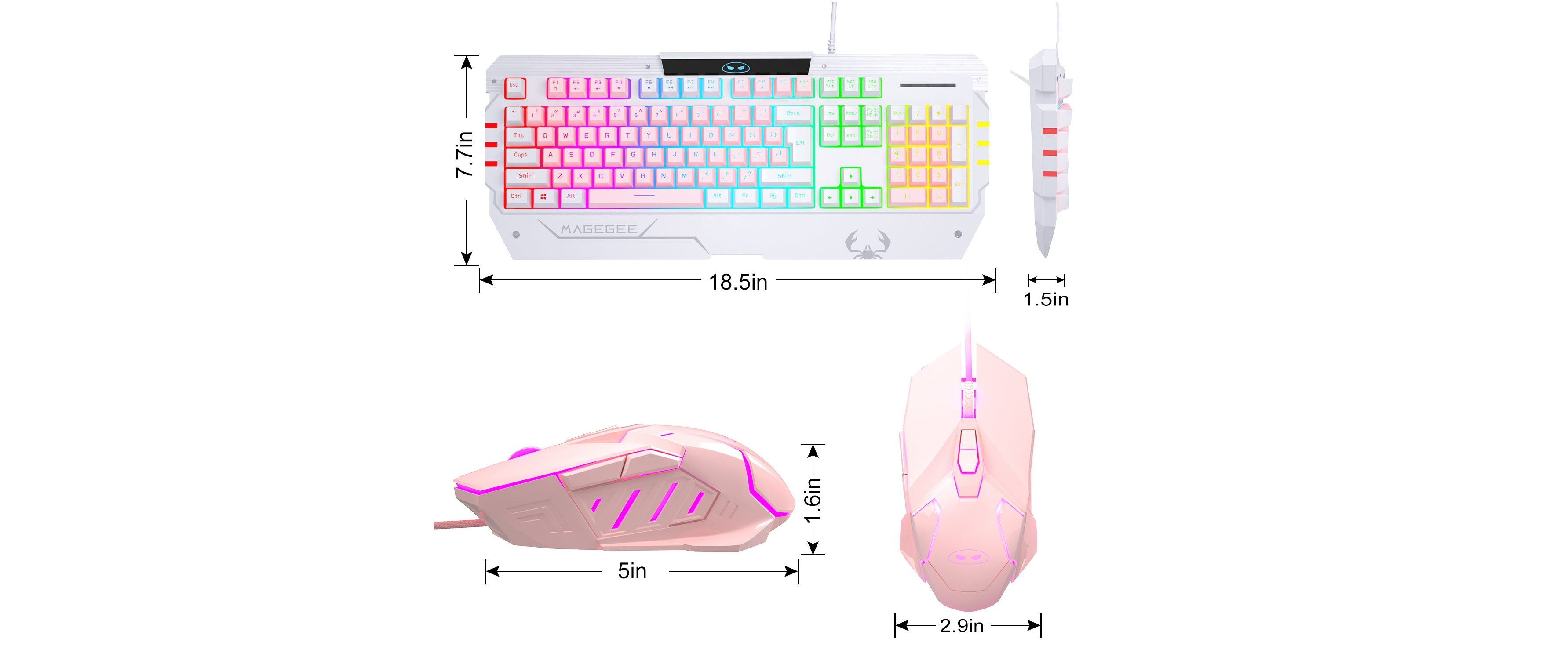 INMISS pink-white gaming keyboard mouse bundle, RGB lighting, size labeling, plain white background
