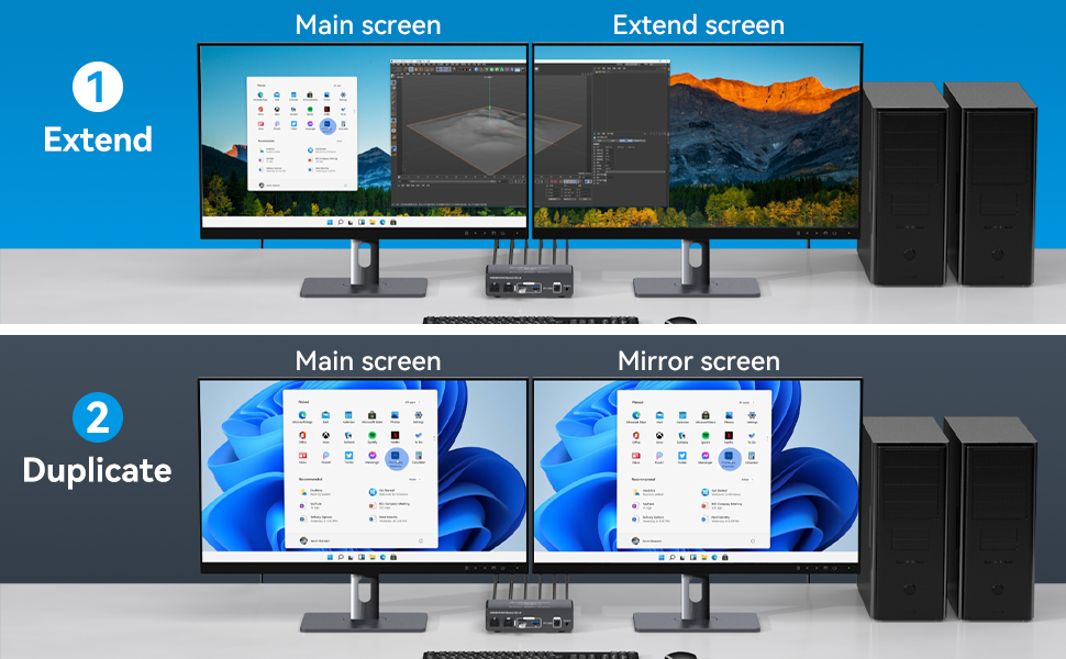 The kvm switch 2 monitors 2 computers supports 2 modes
