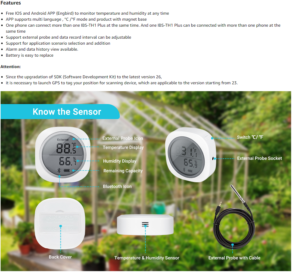 INKBIRD IBS-TH1 Plus Thermometer Hygrometer Wireless Bluetooth Outdoor  Thermometer Smart Home Temperature and Humidity Sensor