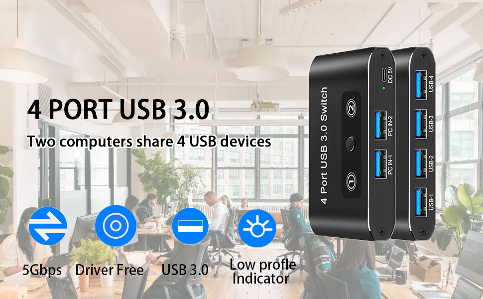 USB Switch, USB 3.0 Switch Selector, 2 Computers Sharing 4 Devices, Aluminum Switcher