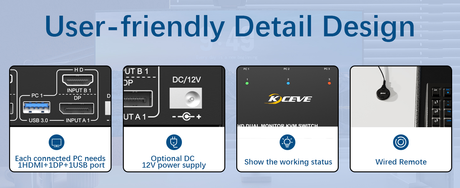 This KVM switch supports 4 USB 3.0 ports for keyboard, mouse, printers, scanners, or external storag