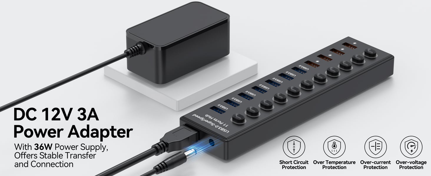 Powered USB 3.0 Hub 11-Port, Data 7 Ports + Charging 4 USB Ports