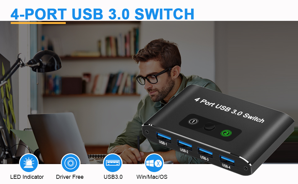 USB 3.0 Switch 2 in 4 Out, USB Switch Selector 2 Computers Sharing 4 USB Devices