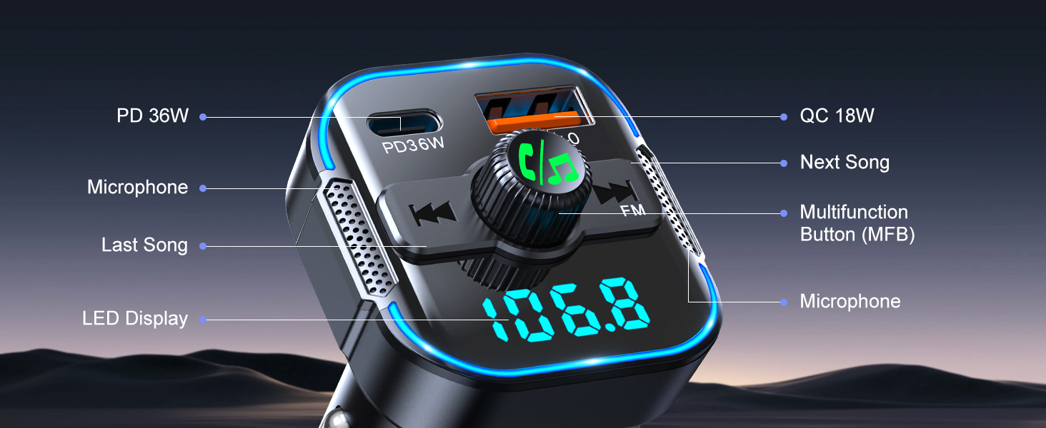 Upgrade Bluetooth 5.3 Car Adapter [PD 36W+QC3.0 18W], 2-in-1 FM Transmitter [Dual Stronger Mics] & F