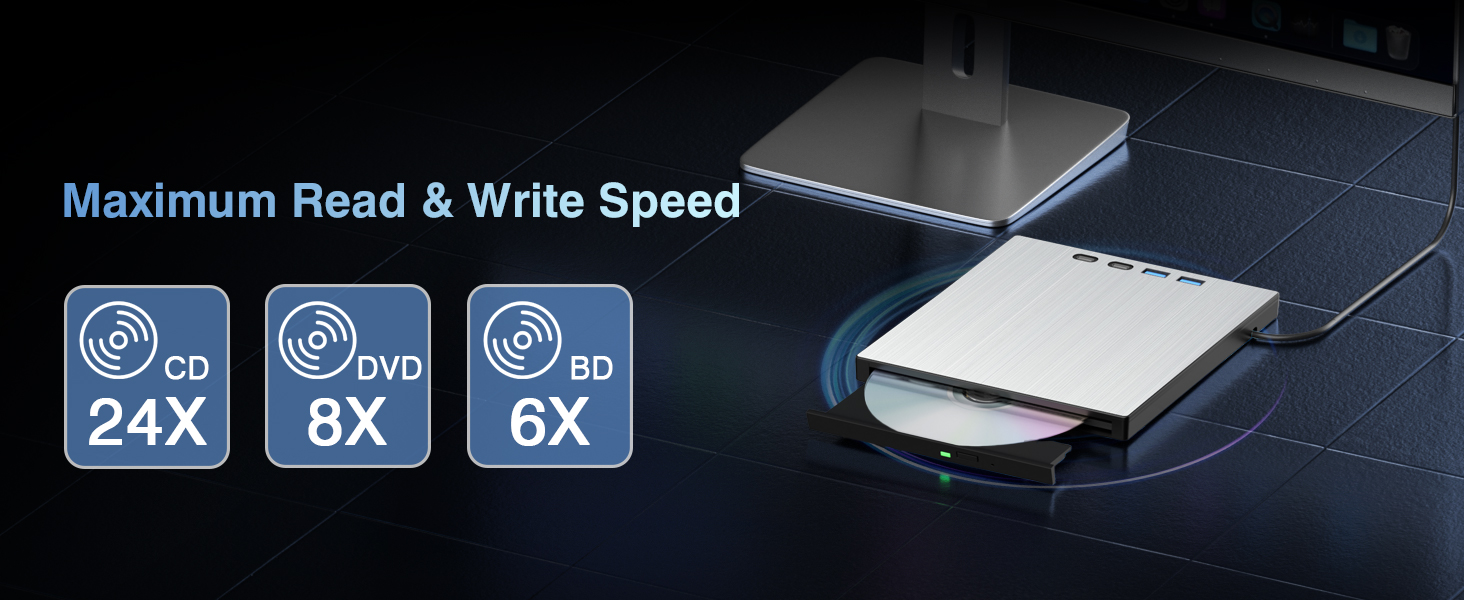 External Blu ray Drive for Laptop, Blu Ray Burner, USB 3.0 Type-C External Bluray DVD Drive