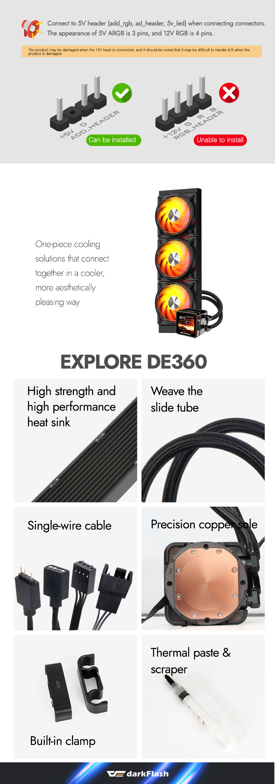 darkFlash DE360 360mm AIO Liquid CPU Cooler  2.88" IPS Display 5V ARGB Lighting Copper Water