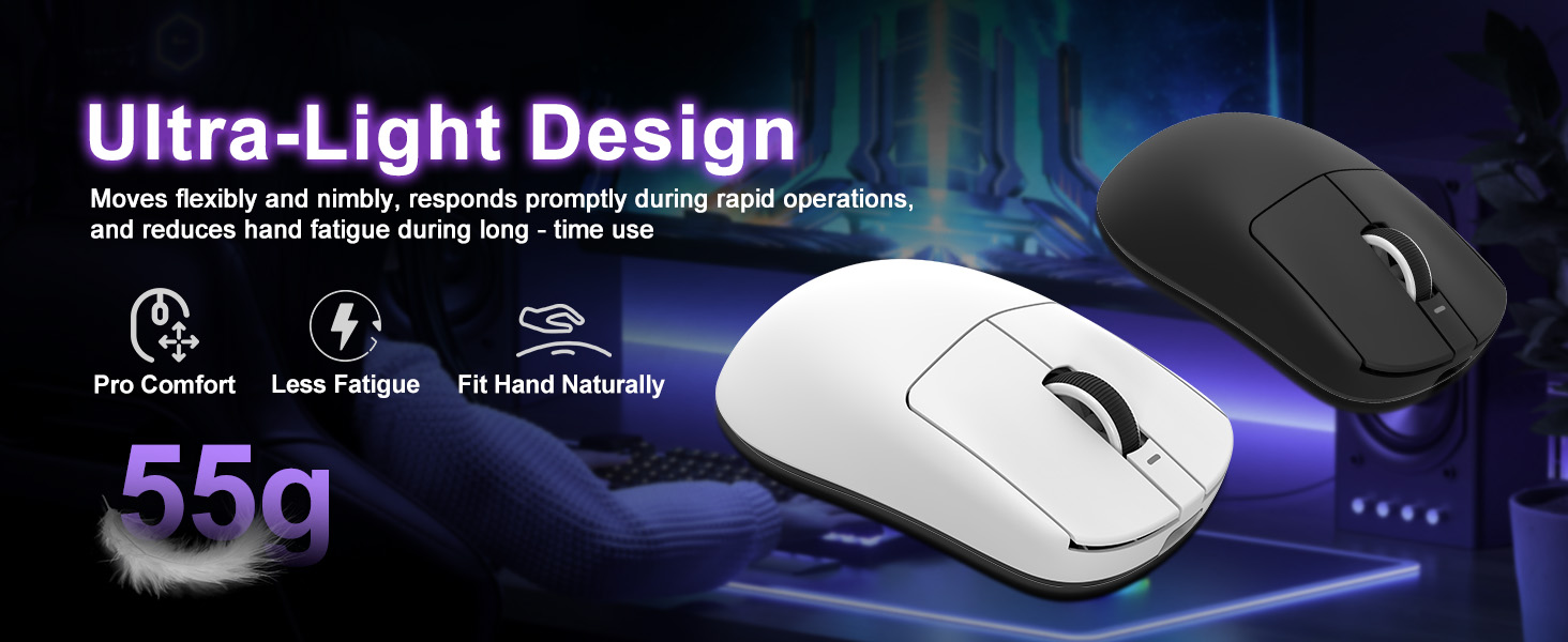 Wireless Gaming Mouse, 18000 DPI, High-Precision PAW3395 SE Sensor,55g Lightweight, Tri-Mode 2.4G/BT