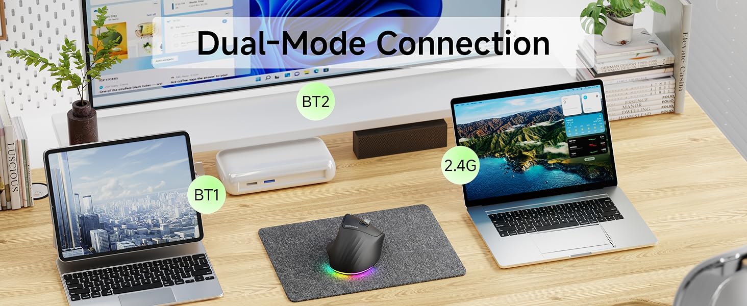 Ergonomic Wireless Mouse, 2.4G & Bluetooth Wireless Mouse for Laptop