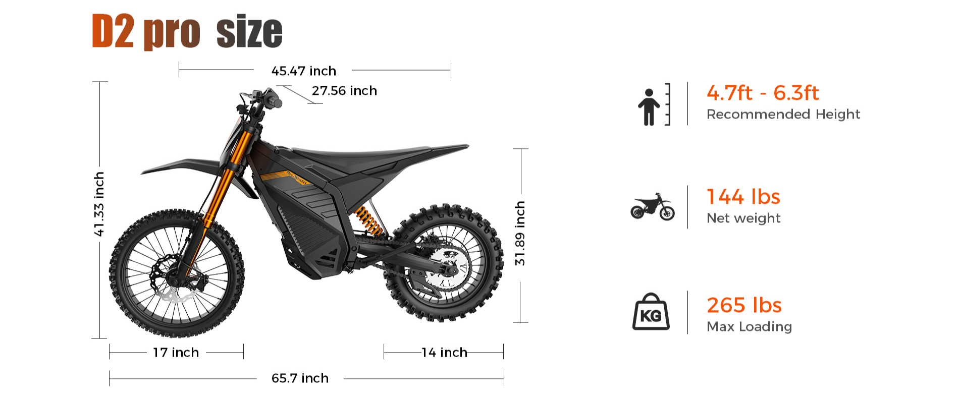 MEGAWHEELS D2 Pro dirt bike size