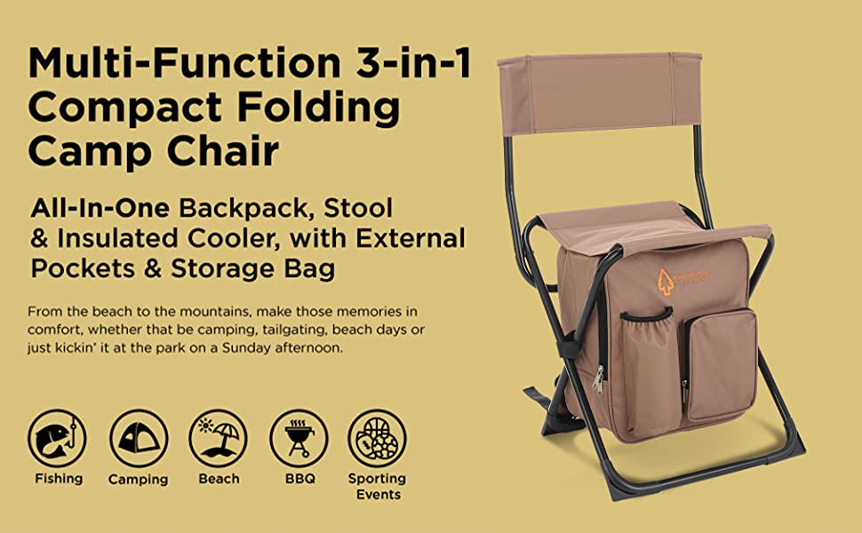 ARROWHEAD OUTDOOR Multi-Function 3-in-1 Compact Camp Chair: Backpack, Stool  & Insulated Cooler, w/ Bottle Holder & Storage Bag, External Pockets,  Backrest, Fishing, Hiking, Heavy-Duty, USA-Based, Tan 