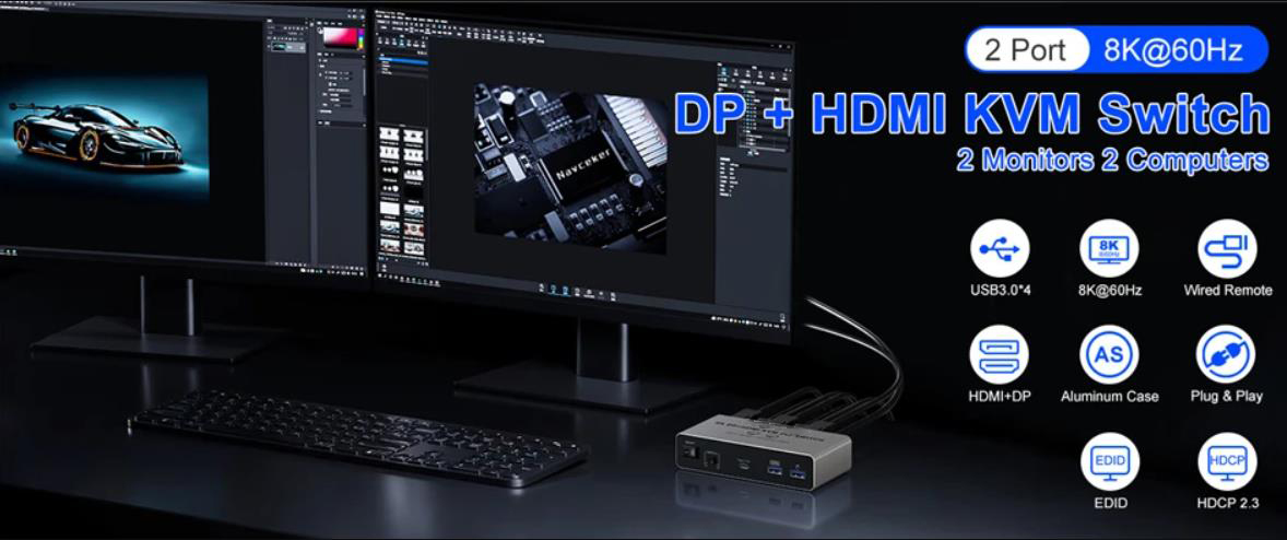 HDMI + Displayport KVM Switch 2 Computers 2 Monitors, Aluminum 8K@60Hz Dual Monitor KVM Switcher