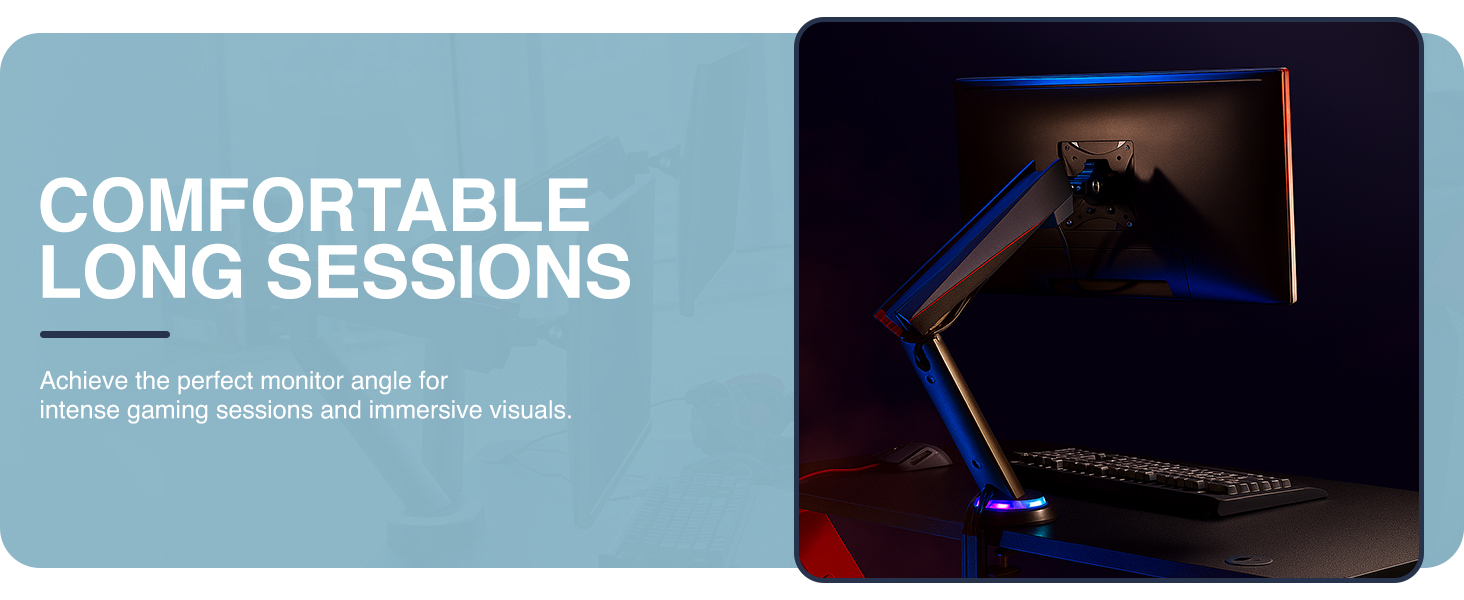 single monitor arm, LED monitor arm, RGB monitor arm, gaming monitor arm, VESA mount, ergonomic