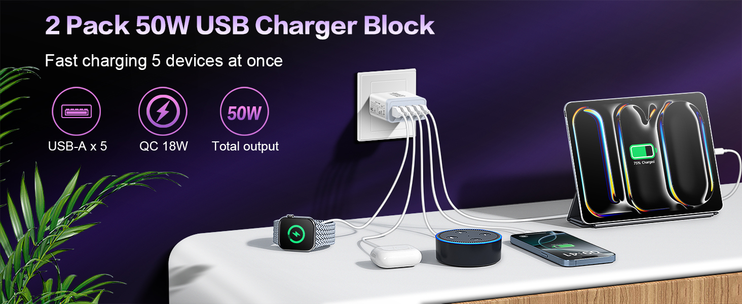 USB Charger Block 50W, [2 PACK] 5 Port USB Fast Charging Blocks Multiport Wall Charger