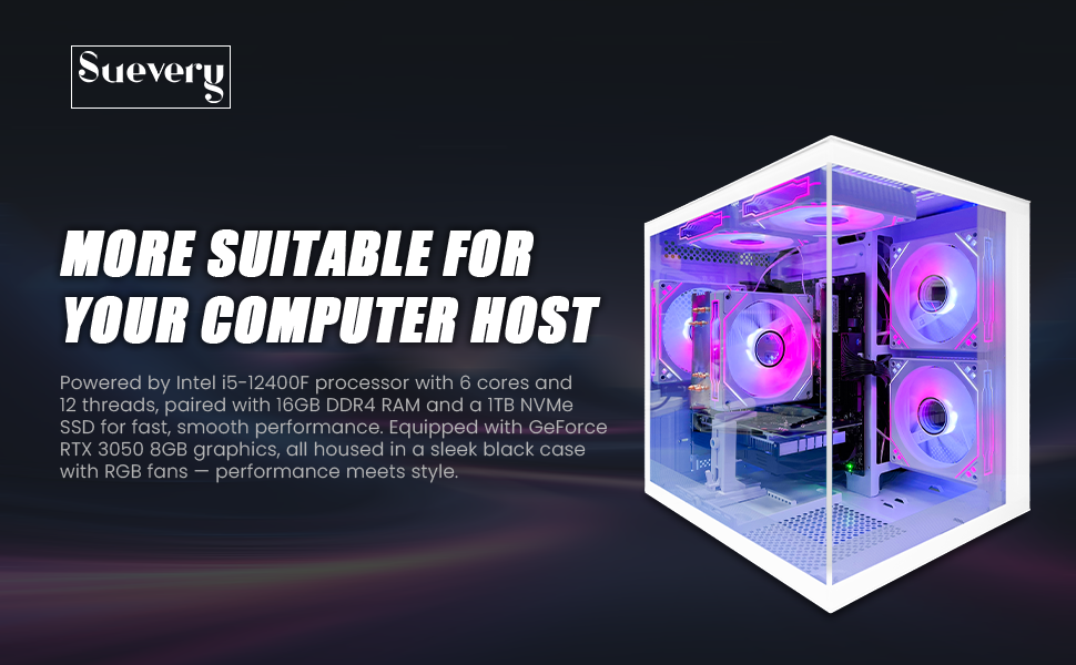 Suevery RGB Gaming Desktop - Intel i5-12400F, RTX 3050 6GB, 16GB DDR4, 1TB NVMe SSD | White Tower,