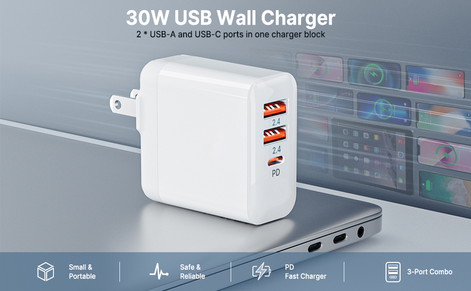 USB C Fast Charger 3-Port PD Power Delivery + Adaptive 5V/2.4A USB Adpater Block Plug