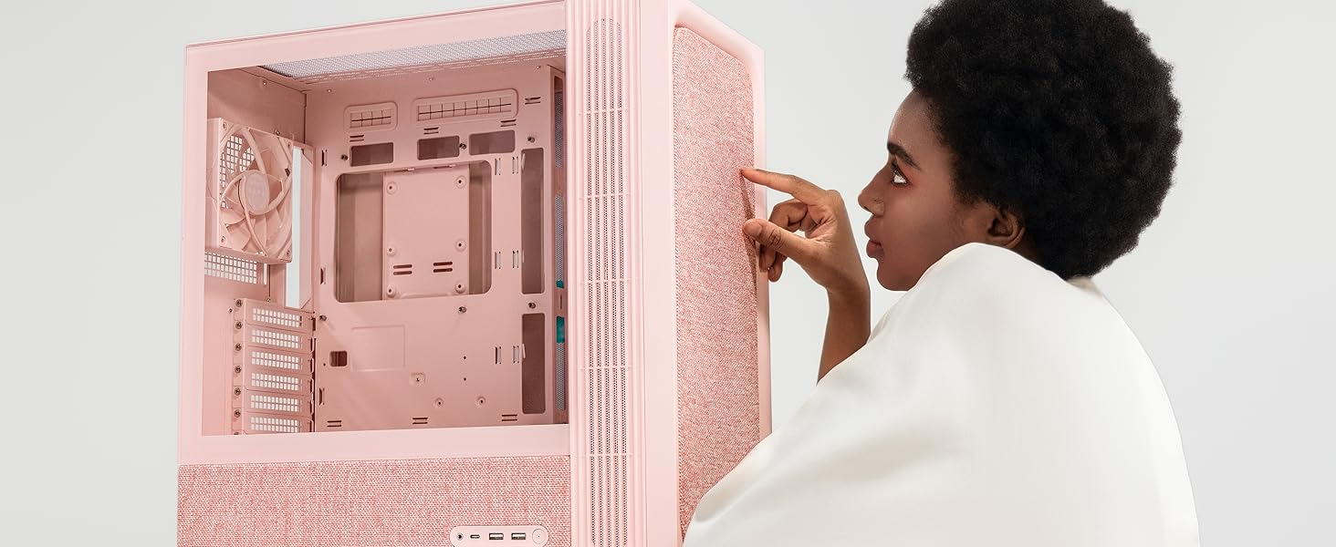 TRYX FLOVA Mid-Tower Fabric Crafted ATX PC Case Pink with a Lady