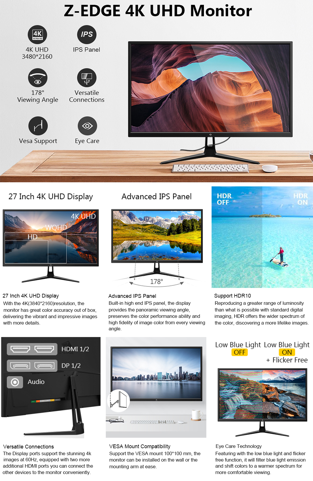 ZEDGE U27P4K 27" IPS 4K Monitor, Ultra HD 3840 x 2160, 300 cd/m², 60Hz