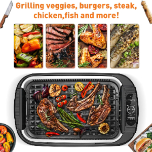 CalmDo Electric Grill, Smokeless Indoor Grill with Tempered Glass Lid,  Large Sur