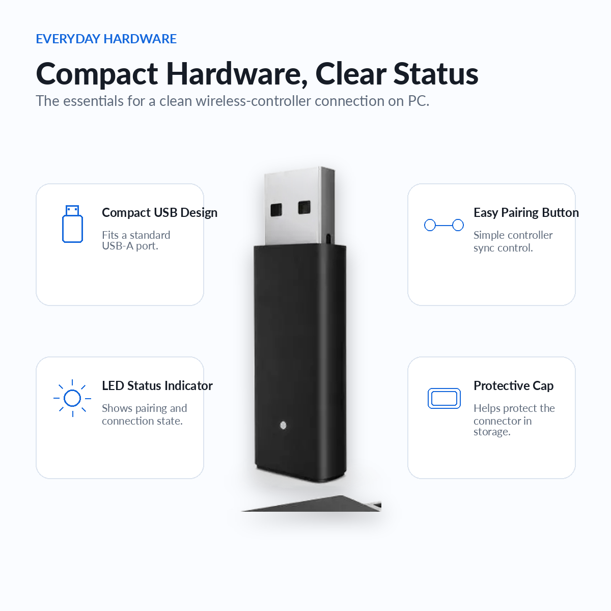 compact USB adapter, LED status indicator, controller pairing button