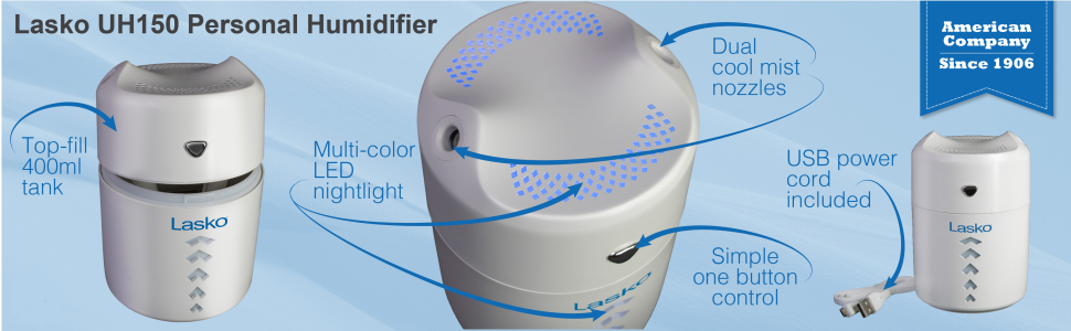 Lasko UH150 Ultrasonic Personal Cool Mist Humidifier with Nightlight