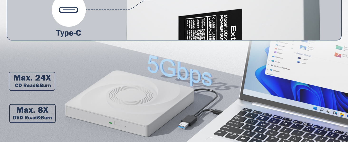 External CD/DVD Drive for Laptop, Portable USB 3.0 & Type-C Disk Drive | External DVD Drive, DVD Pla