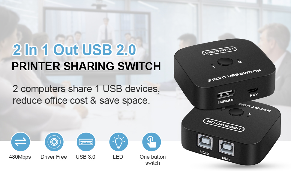 USB 2.0 Sharing Switch, Printer Splitter for Two Computers with 2 USB Printer Cables(5ft/1.5M), USB