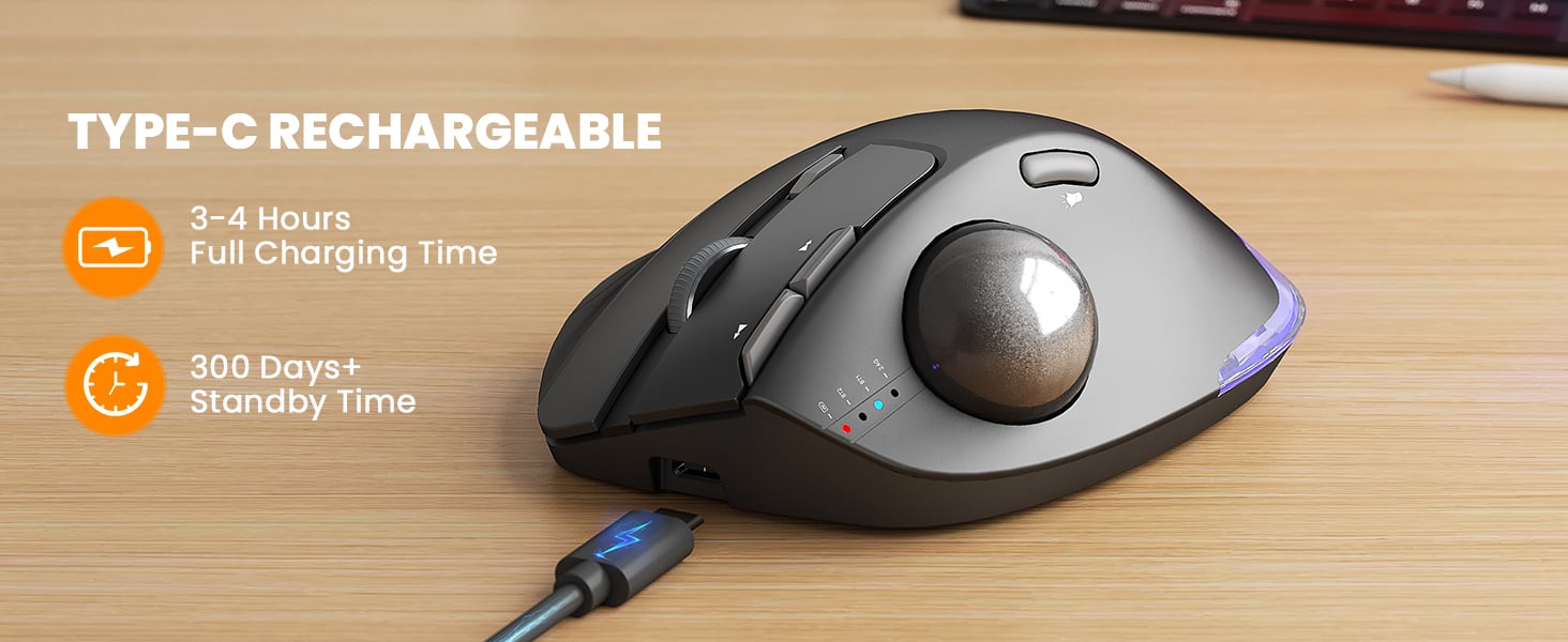 Wireless Trackball Mouse, Ergonomic Bluetooth Rechargeable Computer Mouse, Backlit Rollerball Thumb