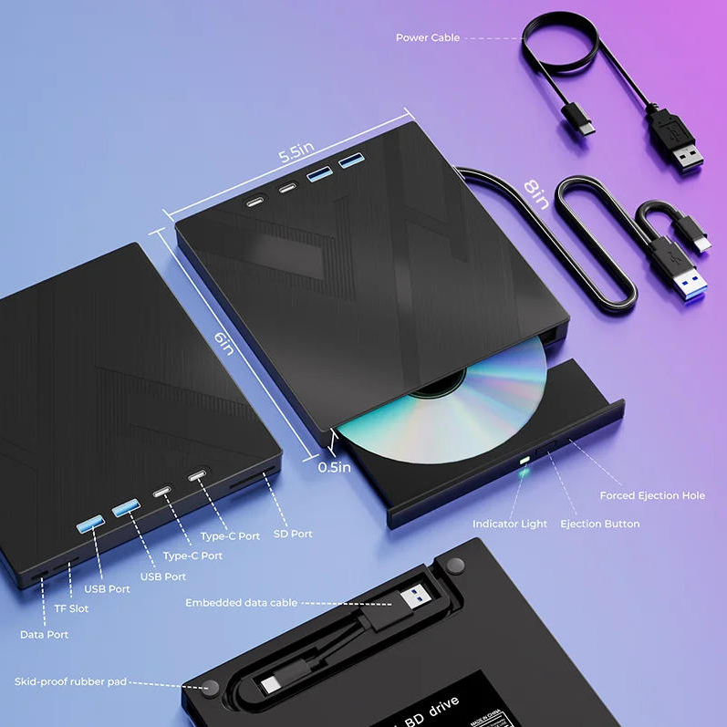 7-in-1 External CD/DVD Drive, USB 3.0 & Type-C External DVD Drive , Portable CD/DVD RW Player Burner