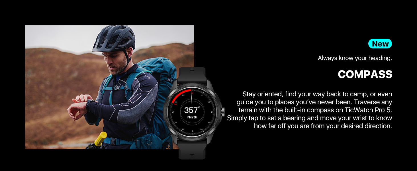 TicWatch Pro 5 Wear OS Smartwatch for Men 5ATM Water-resistance Compass NFC  and 100+Sports Mode Smart Watch for Android Phone