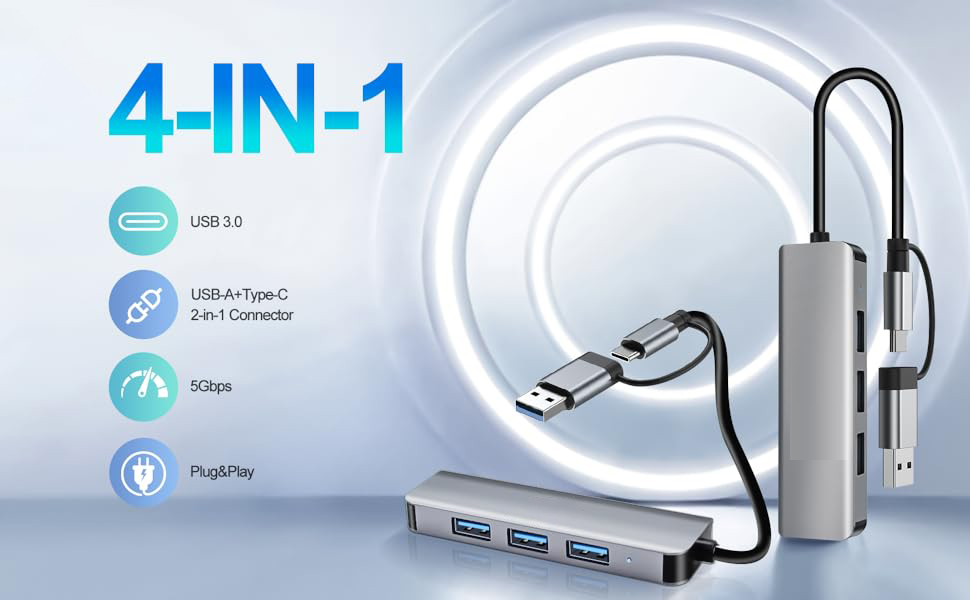 USB 3.0 Hub 4 Ports, USB-A and Type-C to 4 USB 3.0 Hub, USB-A Splitter Extender