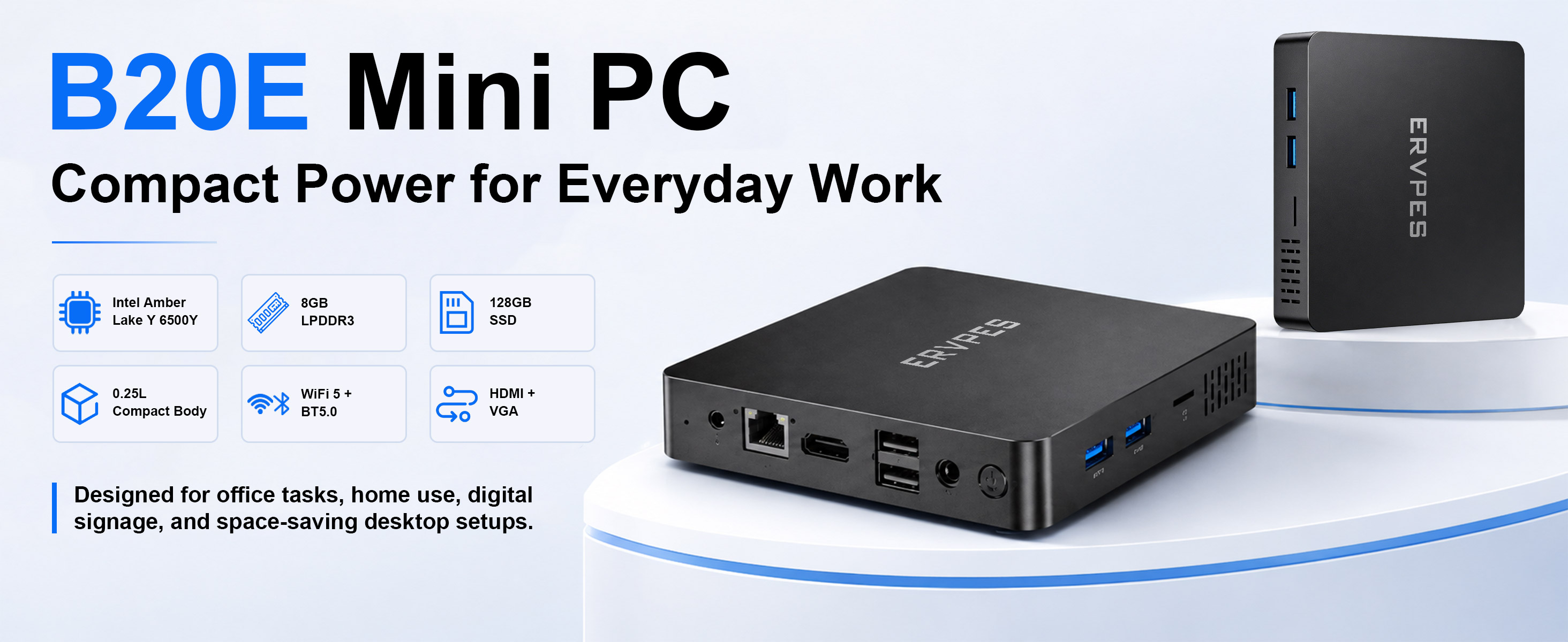 B20E Mini PC, compact desktop computer, small form factor PC, Intel Amber Lake Y 6500Y processor, 8G