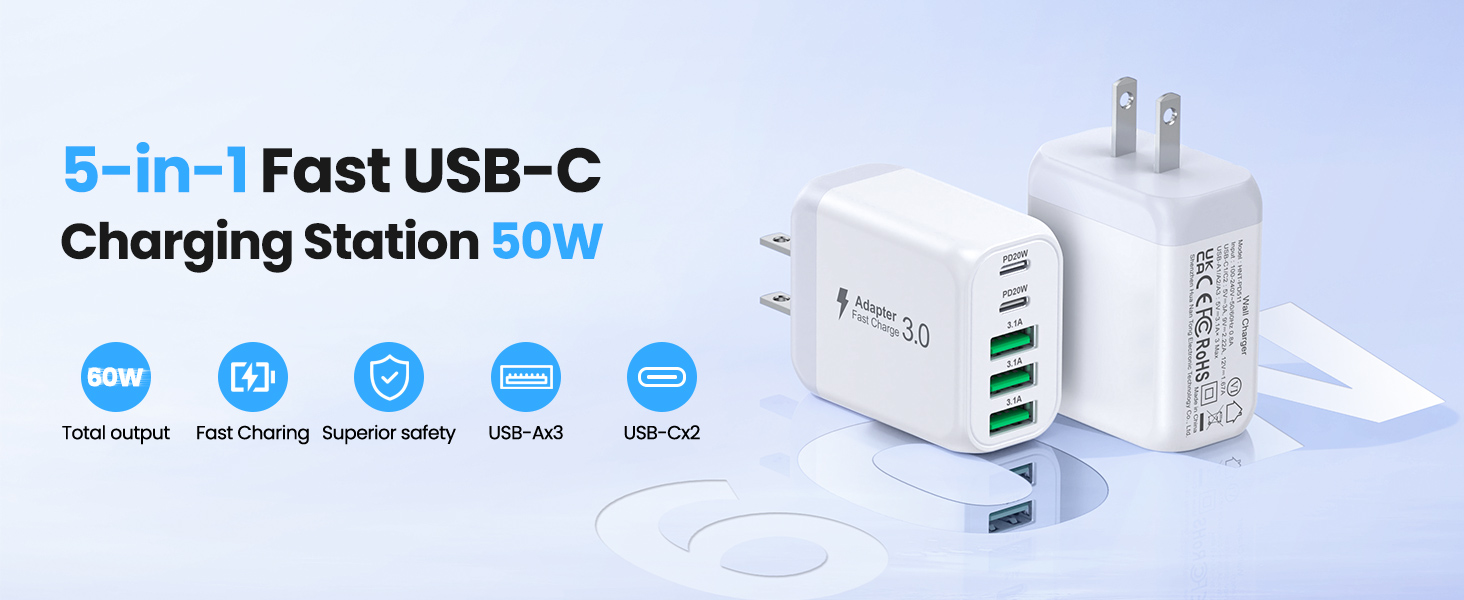 USB C Wall Charger Block, [2 Pack] 50W 5-Port C Charger Fast Charging Block PD Power Adapter +QC Mul